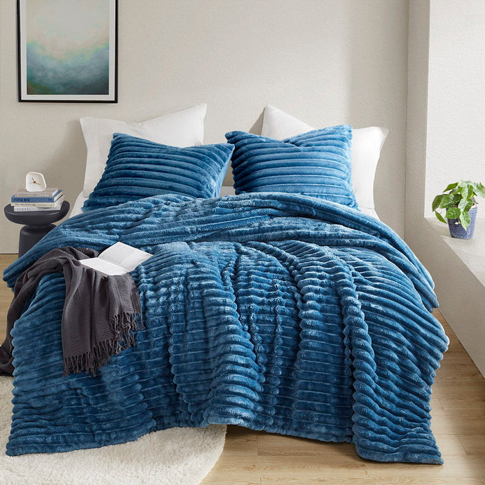 Avril - Full/Queen Fluffy Ribbed Plush Comforter Set - Blue - Simple Home Plus