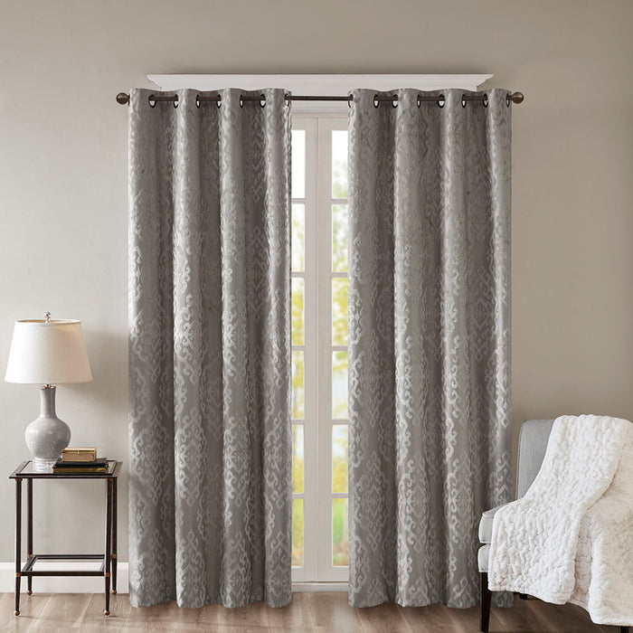 Mirage - 84" Knitted Damask Total Blackout Grommet Top Curtain Panel - Charcoal - Simple Home Plus