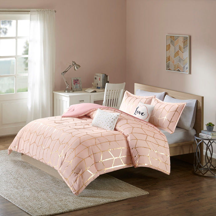 Raina - Metallic Printed Comforter Set - Blush / Gold - Simple Home Plus