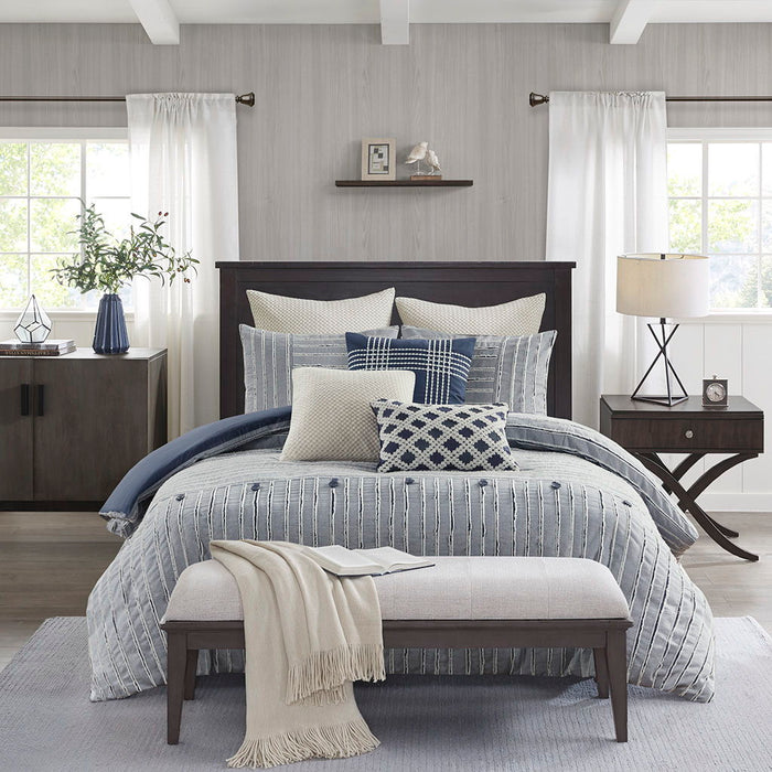 Essence - Oversized Cotton Clipped Jacquard Comforter Set With Euro Shams and Throw Pillows - Light Blue - Simple Home Plus