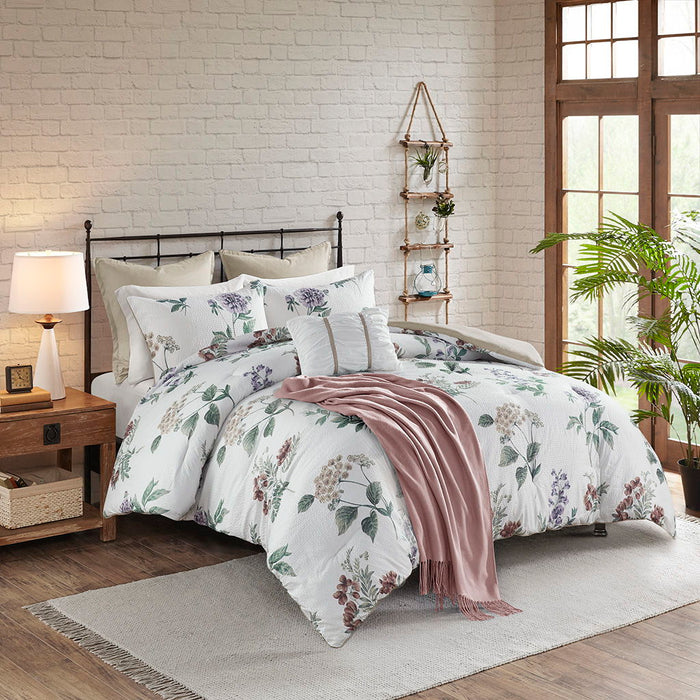 Zennia - 7 Piece Printed Seersucker Comforter Set With Throw Blanket - Taupe - Simple Home Plus