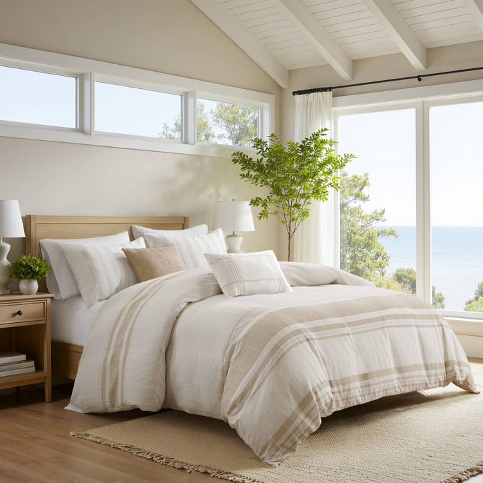 Morgan - 5 Piece Cotton Jaquard Duvet Set - Ivory / Taupe - Simple Home Plus