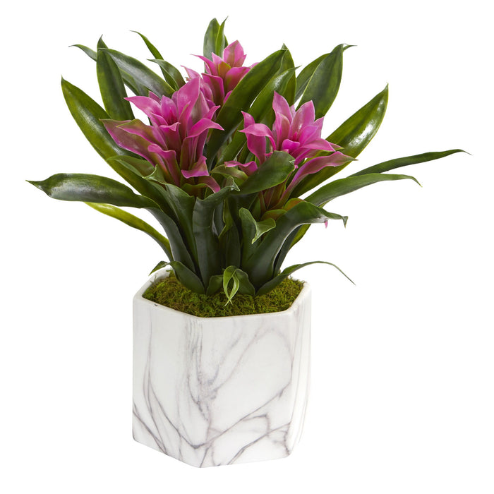 11" Bromeliad Artificial Plant in Marble Finished Vase