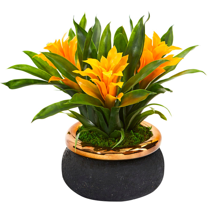 11" Bromeliad Artificial Plant in Stoneware Planter