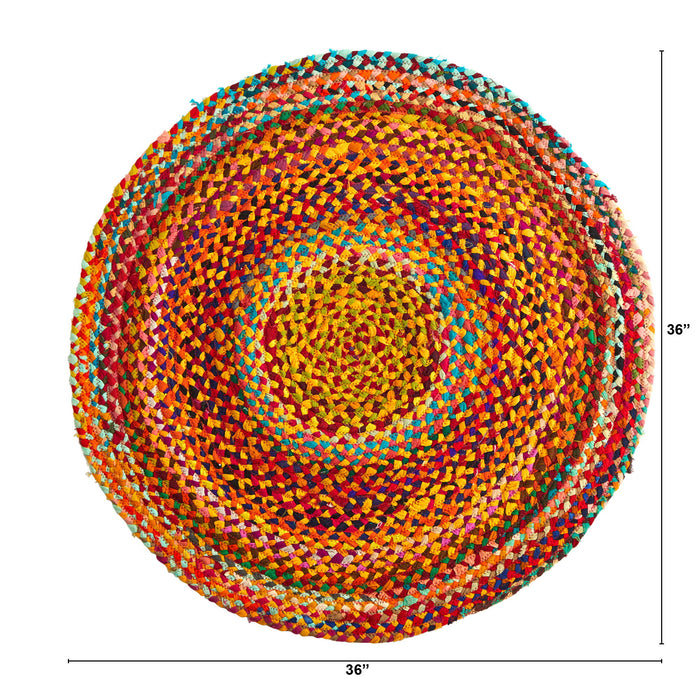 3' x 3' Hand Braided Boho Colorful Chindi Round Rug