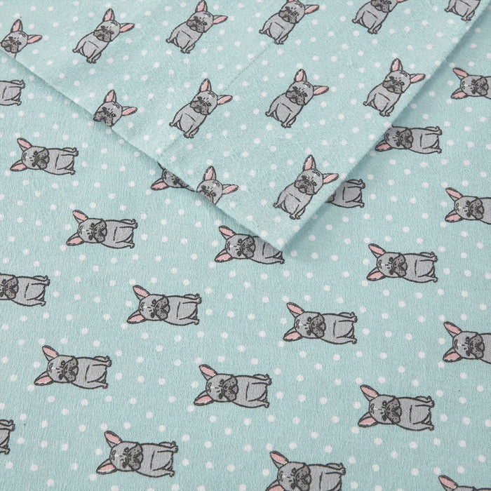 Cozy Flannel - Twin Printed Sheet Set - Aqua French Bulldog