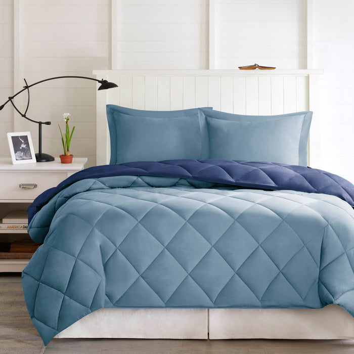 Larkspur - Twin 3M Scotchgard Diamond Quilting Reversible Down Alternative Comforter Set - Navy / Light Blue - Simple Home Plus