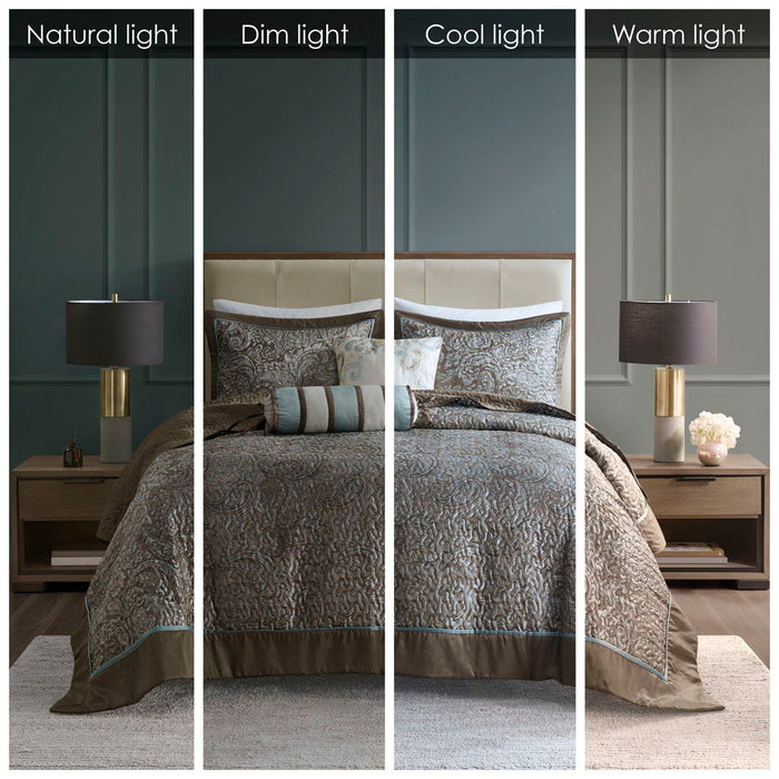 Aubrey - King 5 Piece Reversible Bedspread Set - Blue / Brown