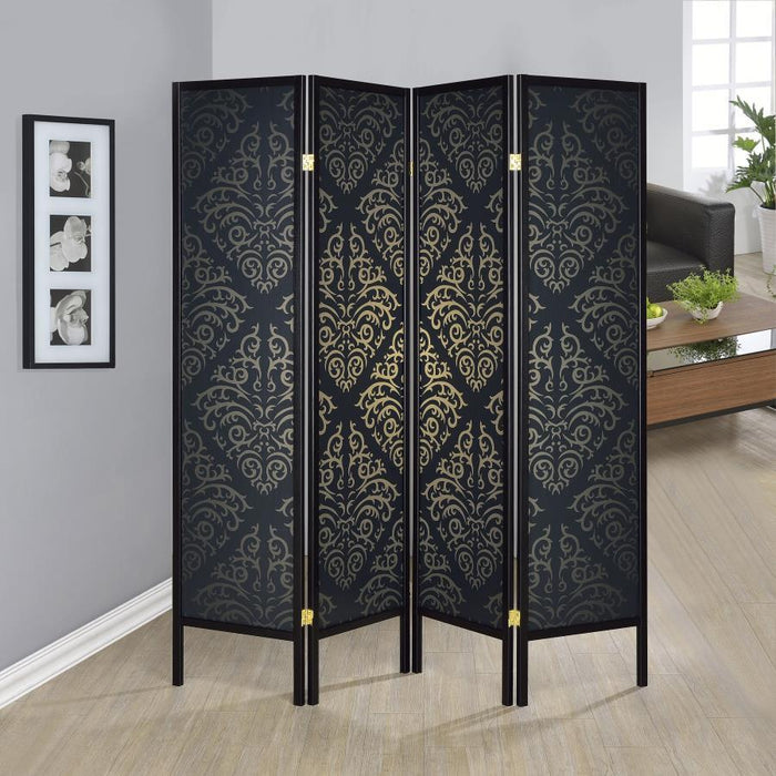 Haidera - 4-Panel Room Divider Folding Screen - Black Damask - Simple Home Plus
