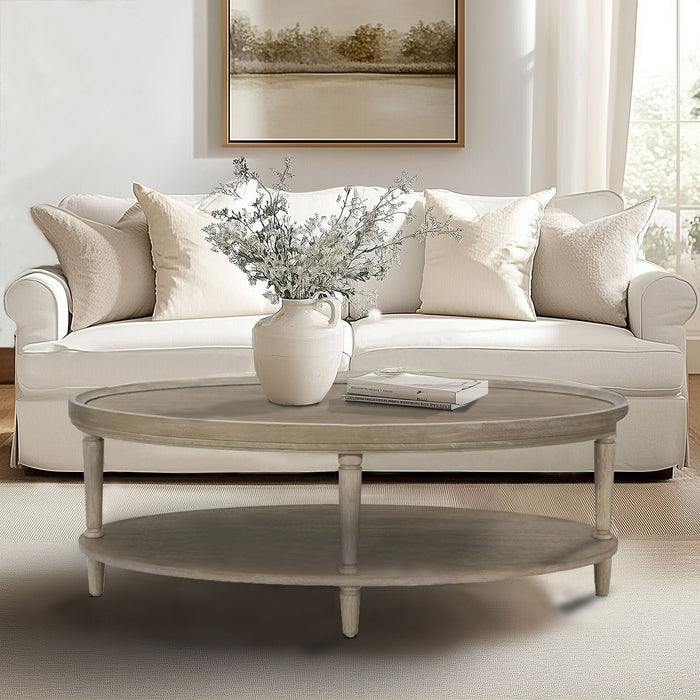 Ayanna - Oval Coffee Table With Shelf - Reclaimed Greige - Simple Home Plus