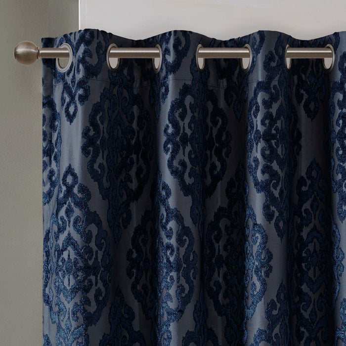 Mirage - 84" Knitted Damask Total Blackout Grommet Top Curtain Panel - Navy - Simple Home Plus