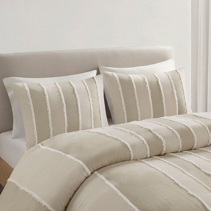 Shay - 3 Piece Striped Cotton Duvet Cover Set - Taupe - Simple Home Plus