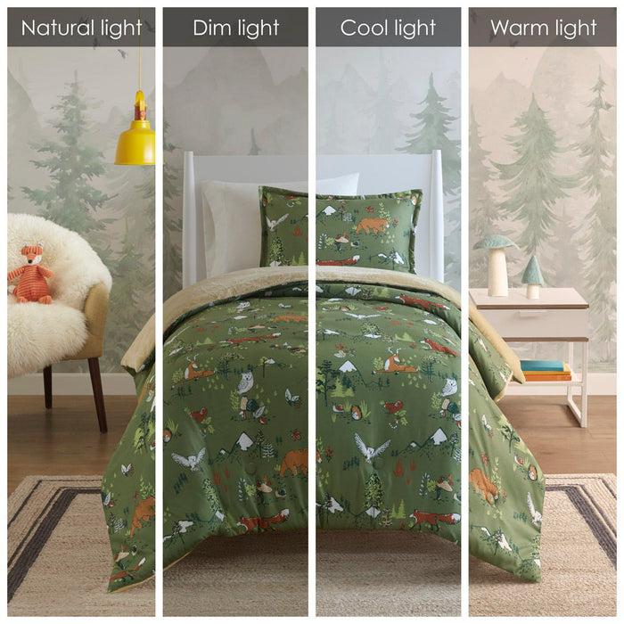 Heath - Forest Animals Plush Reversible Twin Comforter Set - Green - Simple Home Plus