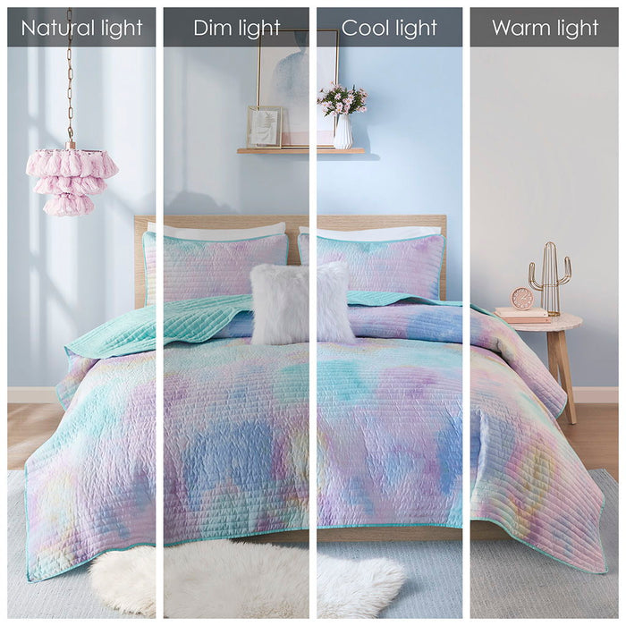 Cassiopeia - Watercolor Tie Dye Printed Quilt Set With Throw Pillow - Aqua
