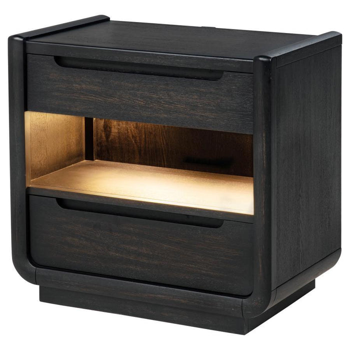 Leandro - 2-Drawer LED Nightstand With USB - Burnished Black - Simple Home Plus