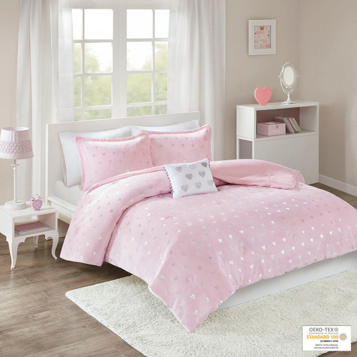 Rosalie - Twin Metallic Printed Comforter Set - Pink / Silver - Simple Home Plus
