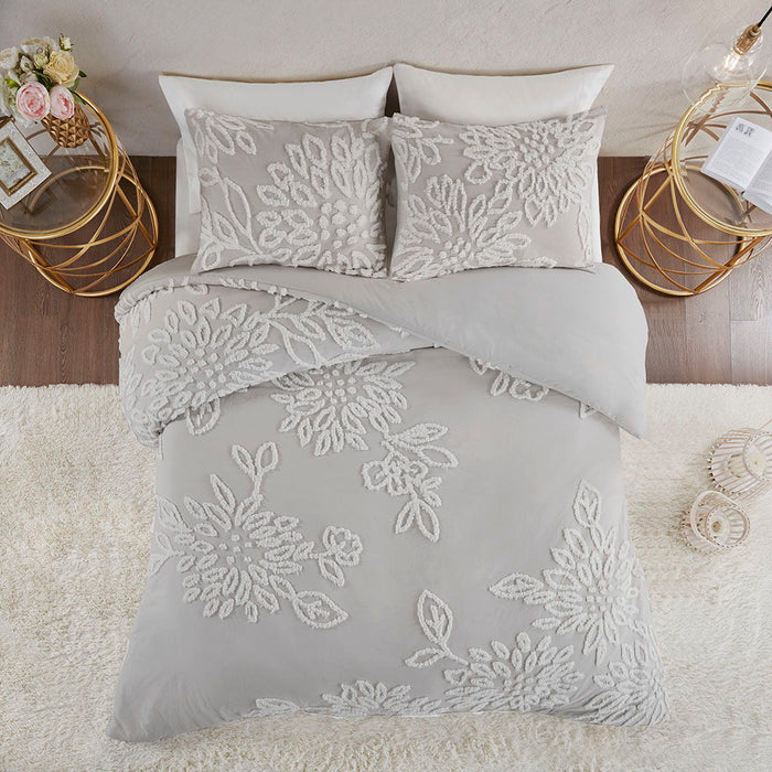 Veronica - 3 Piece Tufted Floral Duvet Cover Set - Gray / White - Simple Home Plus