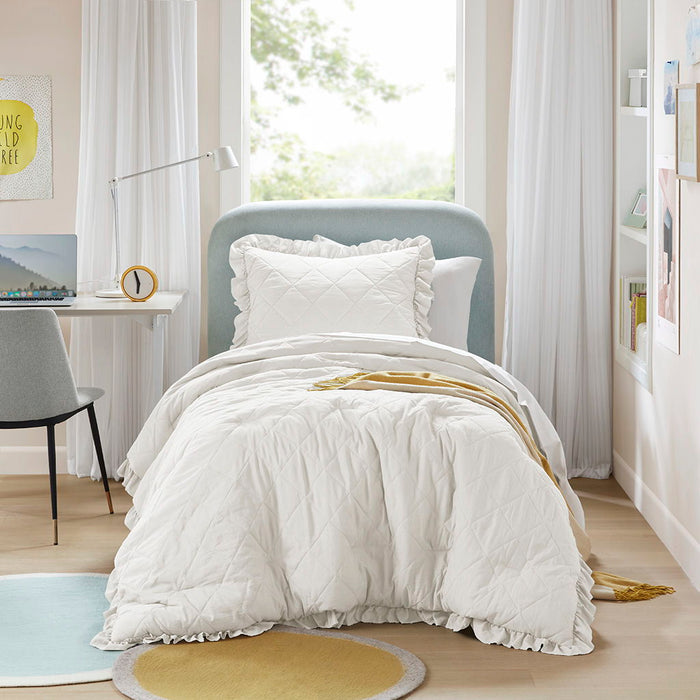 Phoebe - Twin/Twin Long Diamond Quilted Ruffle Edge Comforter Set - Ivory - Simple Home Plus