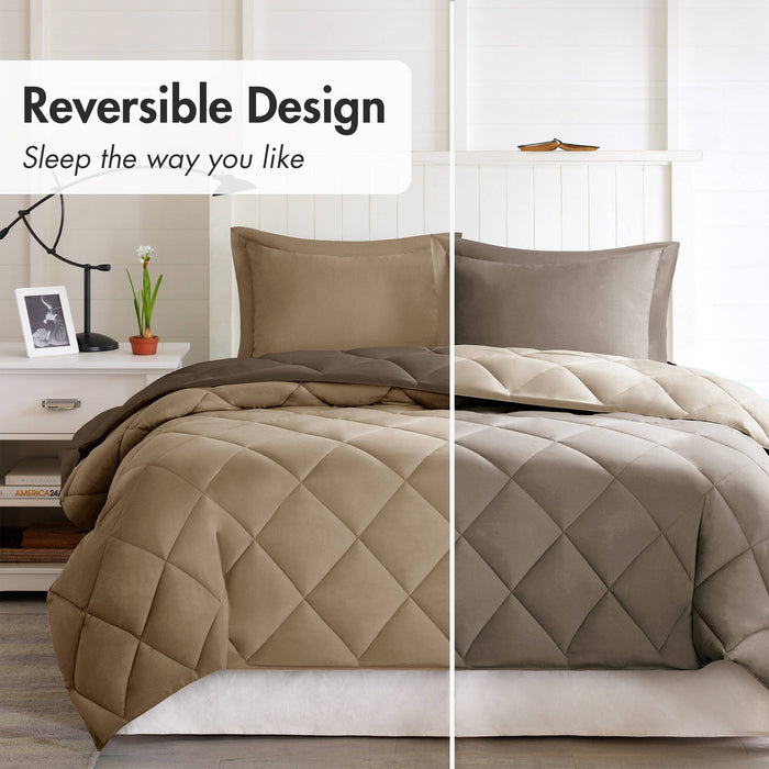 Larkspur - 3M Scotchgard Diamond Quilting Reversible Down Alternative Comforter Set - Brown / Sand - Simple Home Plus