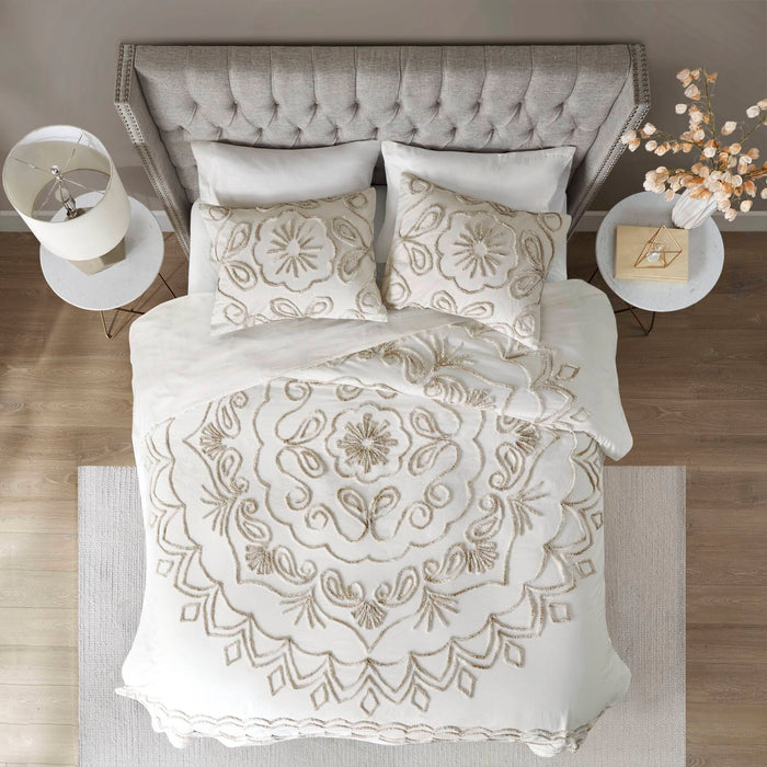 Violette - King 3 Piece Tufted Coverlet Set - Ivory / Taupe - Simple Home Plus