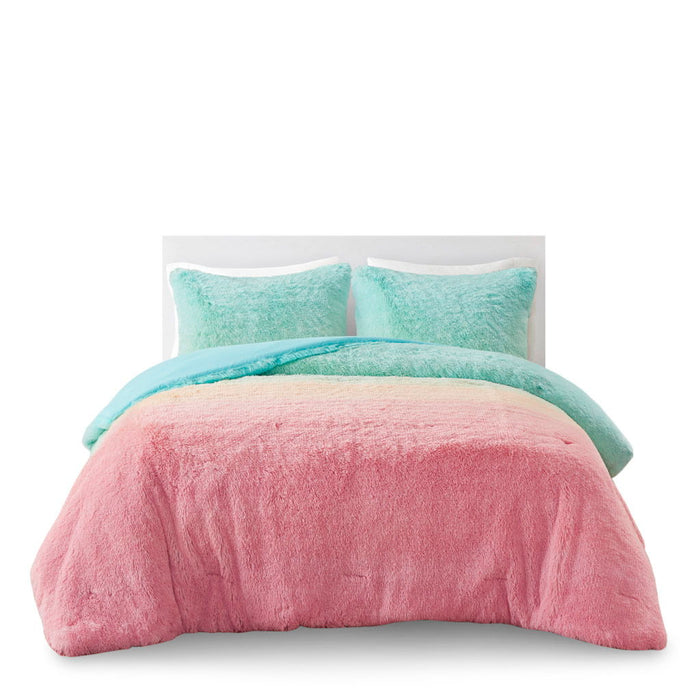 Primrose - Ombre Shaggy Faux Fur Comforter Set - Aqua Multi - Simple Home Plus