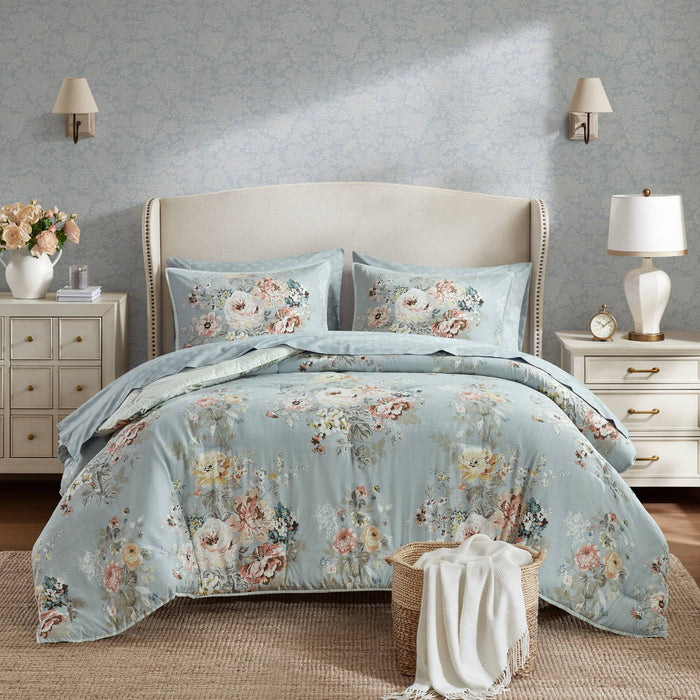 Heather - Full 7 Piece Vintage-Inspired Floral Print - Soft Blue - Simple Home Plus