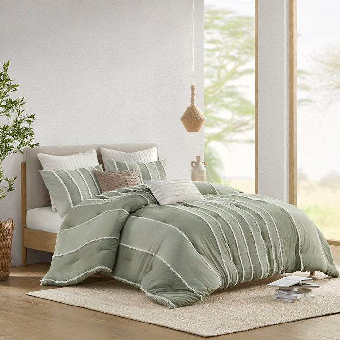 Shay - 3 Piece Striped Cotton Comforter Set - Sage - Simple Home Plus