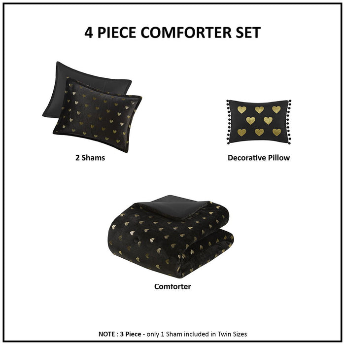 Rosalie - 4 Piece Full/Queen Metallic Printed Plush Comforter Set With Throw Pillow - Black/Gold - Simple Home Plus