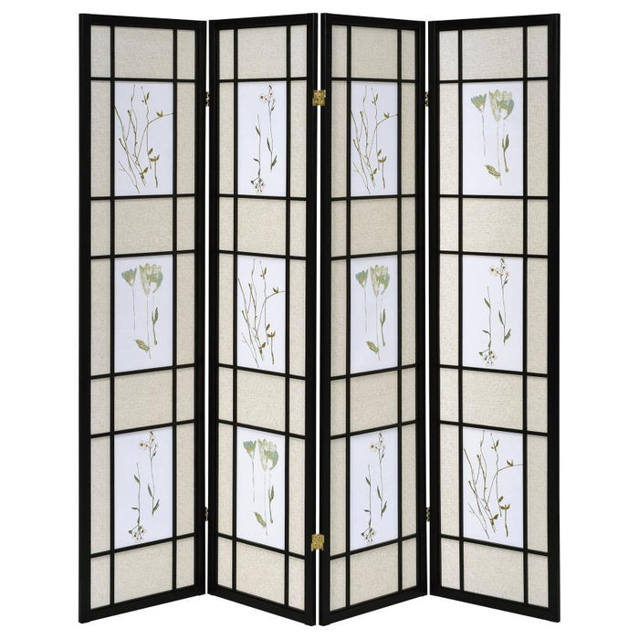 Catabella - 4-Panel Room Divider Folding Shoji Screen Floral - Black - Simple Home Plus