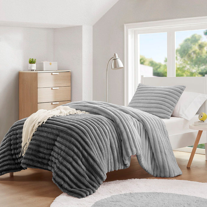 Avril - Twin/Twin Long Fluffy Ribbed Plush Comforter Set - Gray Ombre - Simple Home Plus