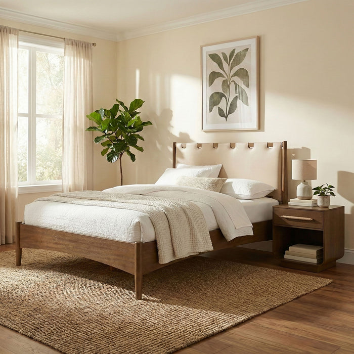Santos - Vegan Leather Headboard And Wood Bed - Waxed Brown Frame - Simple Home Plus