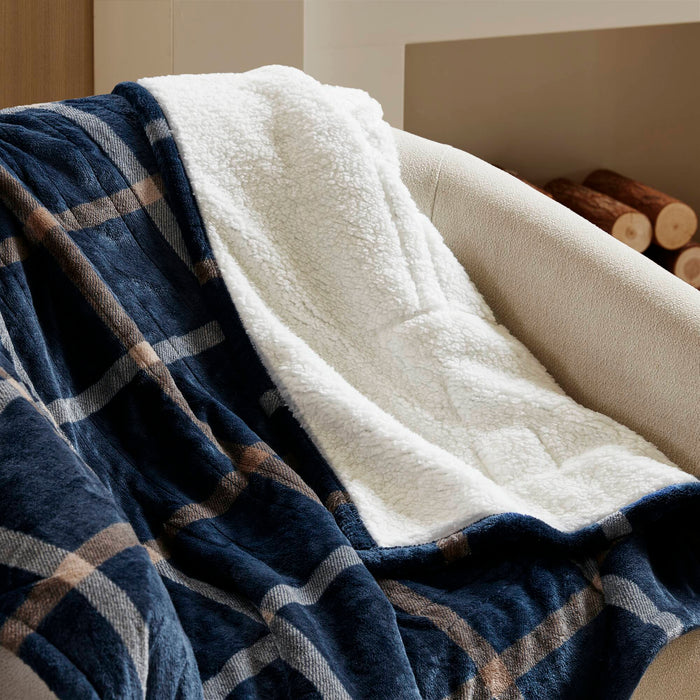 Print Plush To Sherpa - 50X60" Heated Throw - Navy Plaid - Simple Home Plus