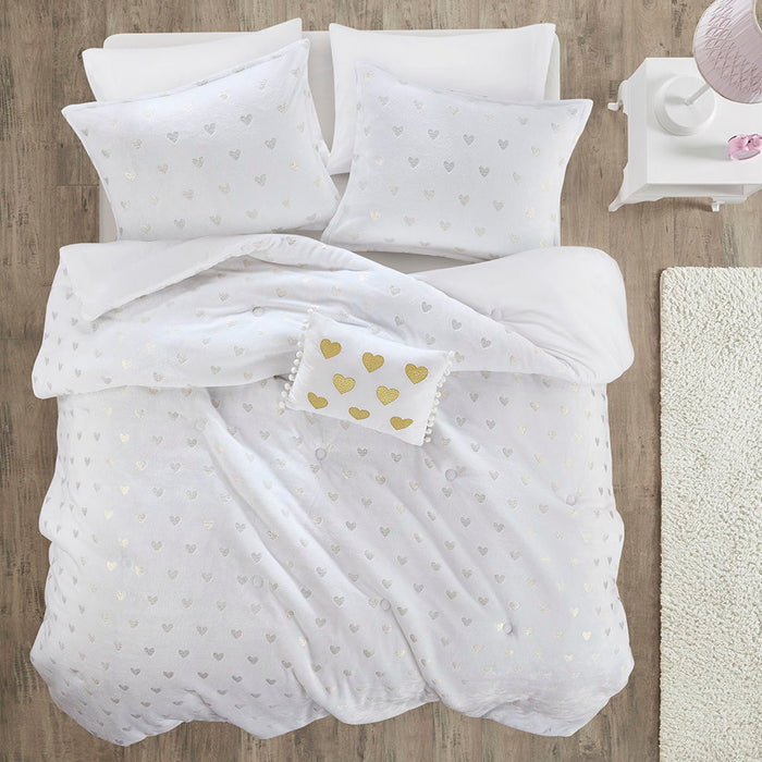 Rosalie - 4 Piece Full/Queen Metallic Printed Plush Comforter Set With Throw Pillow - White/Gold - Simple Home Plus