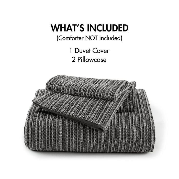 Lyon - 3 Piece King/California King Waffle Washed Duvet Set - Charcoal - Simple Home Plus