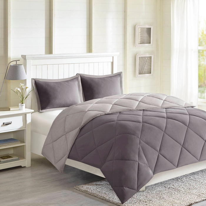 Larkspur - King 3M Scotchgard Diamond Quilting Reversible Down Alternative Comforter Set - Charcoal / Gray - Simple Home Plus