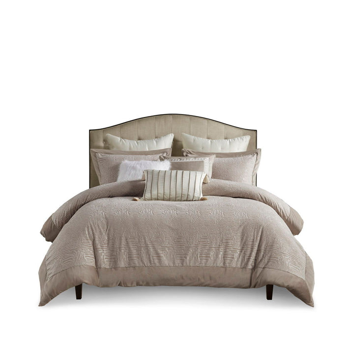 Pescal - Queen Velvet Comforter Set With Euro Shams and Throw Pillows - Beige - Simple Home Plus
