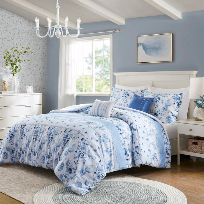 Christa - Floral Striped Comforter Set - Light Blue - Simple Home Plus