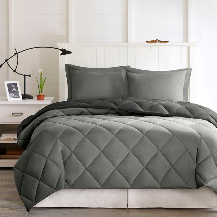 Larkspur - 3M Scotchgard Diamond Quilting Reversible Down Alternative Comforter Set - Black / Gray - Simple Home Plus