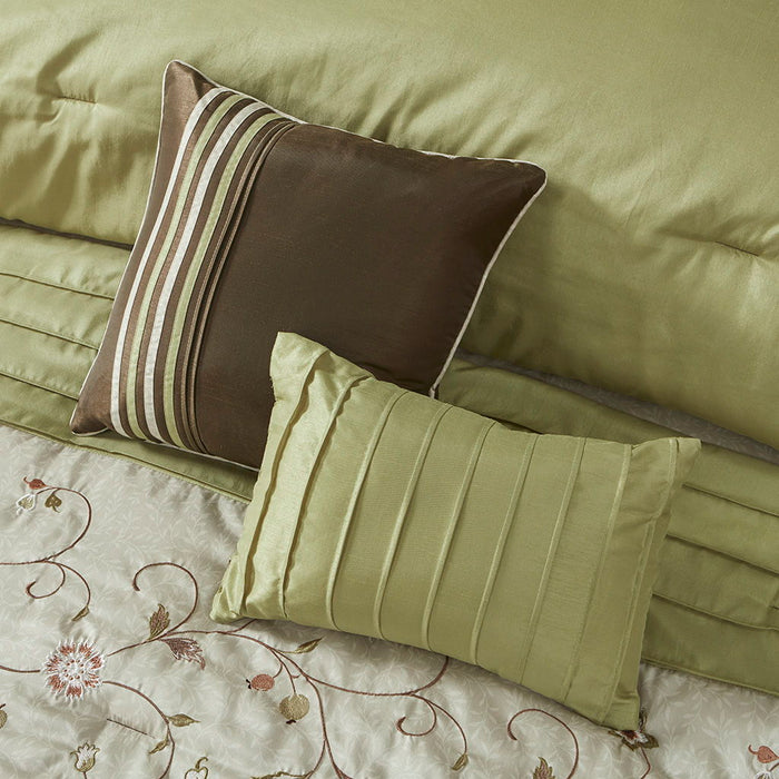 Serene - Queen Embroidered Piece Comforter (Set of 7) - Green