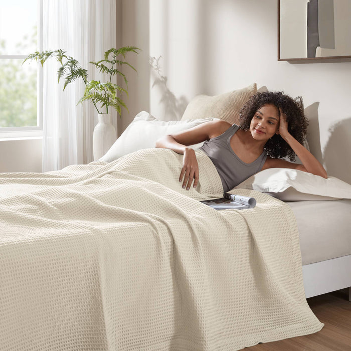 Waffle Weave - Twin Cotton Blanket - Ivory - Simple Home Plus