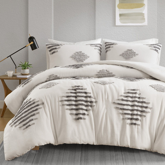 Tahli - 3 Piece Full Cotton Blend Chenille Duvet Cover Set - Gray