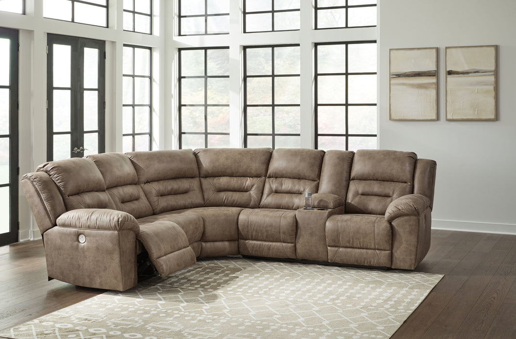 Ravenel - 3-Piece Power Reclining Sectional With Raf Power Reclining Loveseat With Console - Faux Leather - Fossil - Simple Home Plus