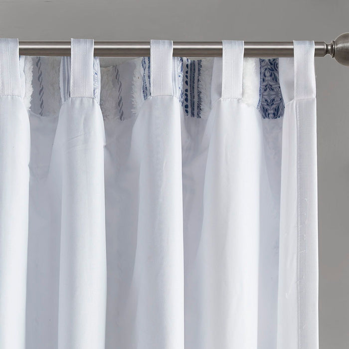 Veronica - 50x95" Poly Printed Curtain Panel With Tufted Stripe And Lining - White / Navy - Simple Home Plus