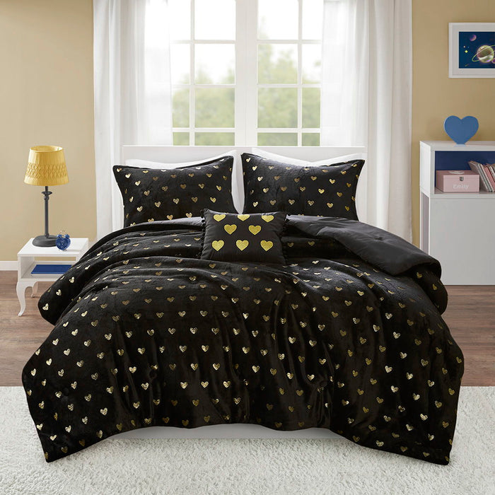 Rosalie - 3 Piece Twin/Twin Long Metallic Printed Plush Comforter Set With Throw Pillow - Black/Gold - Simple Home Plus