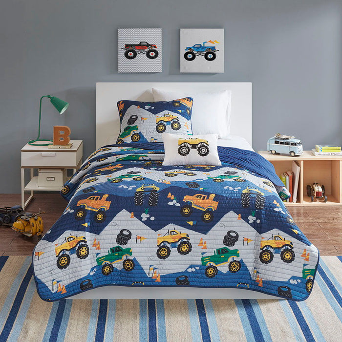 Nash - Twin Monster Truck Reversible Coverlet Set - Blue