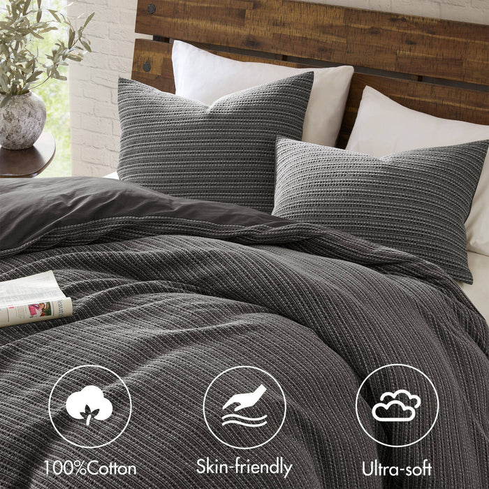 Lyon - 3 Piece King/California King Waffle Washed Duvet Set - Charcoal - Simple Home Plus