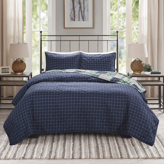 Timber - King 3 Piece Reversible Printed Coverlet Set - Green / Navy - Simple Home Plus
