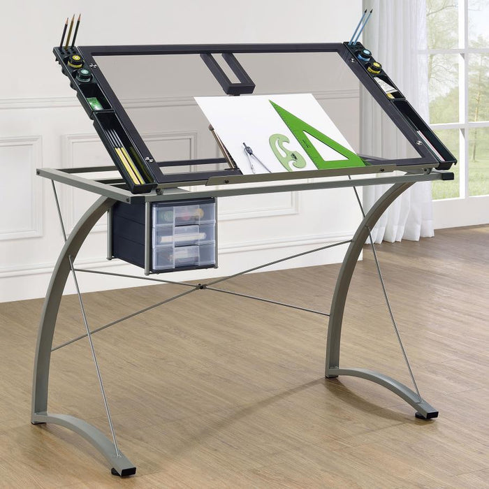 Melo - Glass Top Drafting Table With Storage - Silver - Simple Home Plus