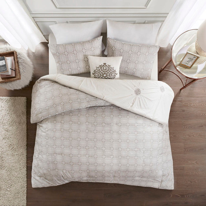 Malia - King 4 Piece Embroidered Reversible Duvet Cover Set - Ivory - Simple Home Plus