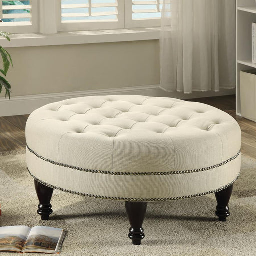 Elchin - Round Upholstered Tufted Ottoman - Oatmeal - Simple Home Plus